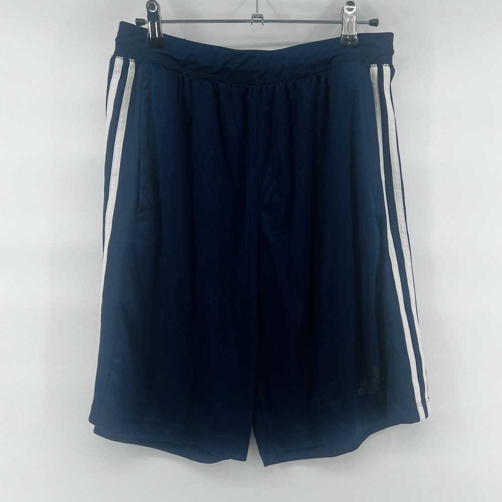 Adidas Athletic Training Shorts Mens Medium Navy Blue 3 Striped Activewear Gym‎